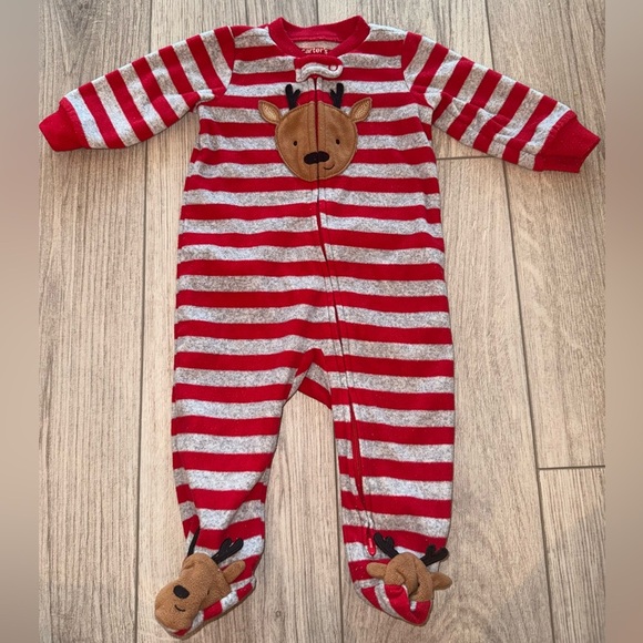 Carter's Red and Gray Striped Footie with Reindeer - Picture 1 of 4